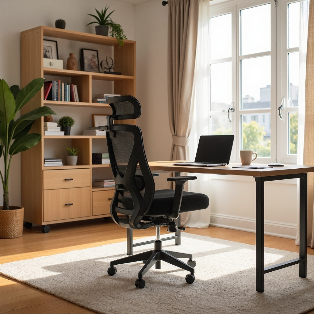 Een man zit op een zitbal voor een elektrisch zit-sta bureau, klaar om te werken en actief te blijven.