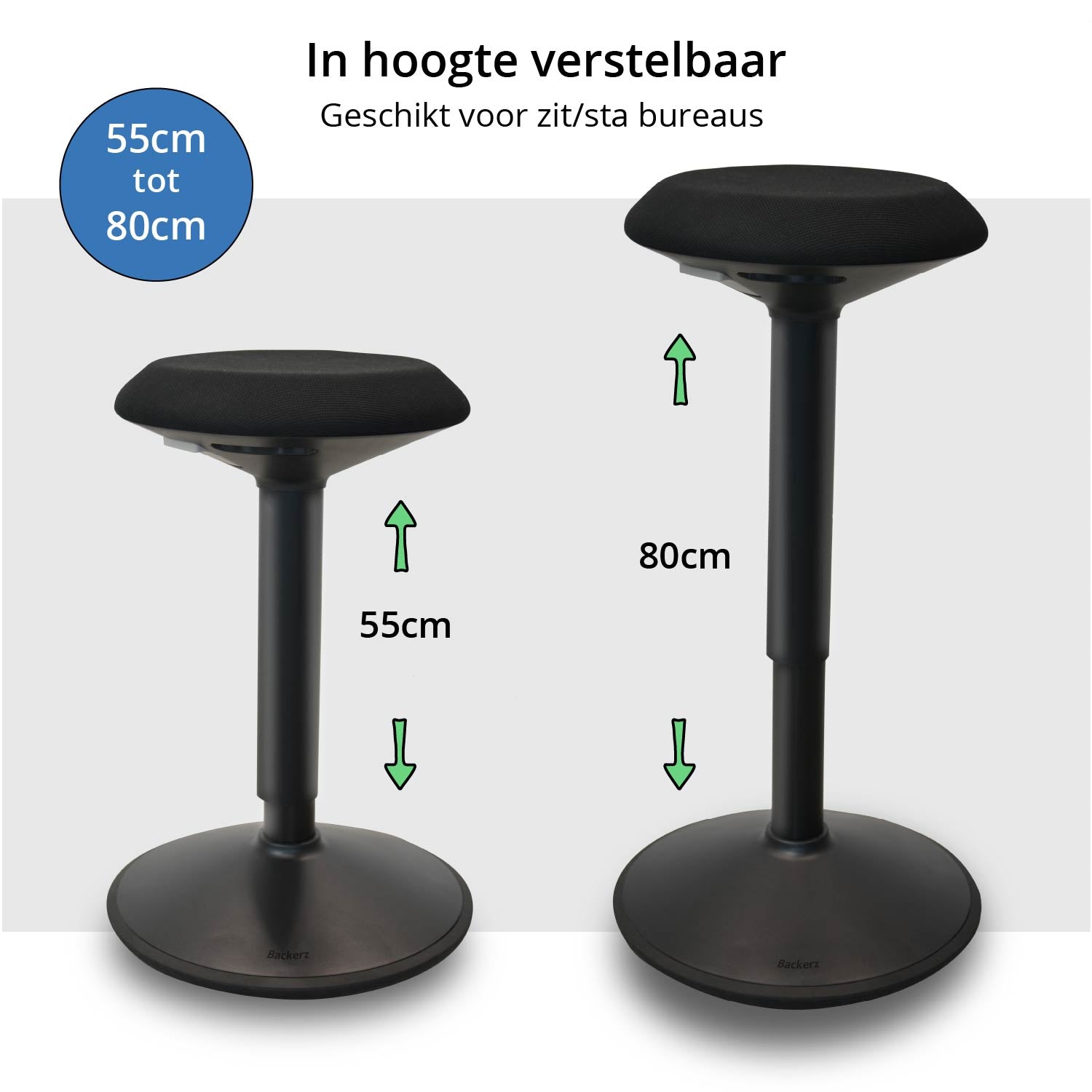 Deze zwarte wiebelkruk van Backerz is in hoogte verstelbaar van 55cm tot 80 cm en is daardoor geschikt voor het gebruik in combinatie met een zit sta bureau