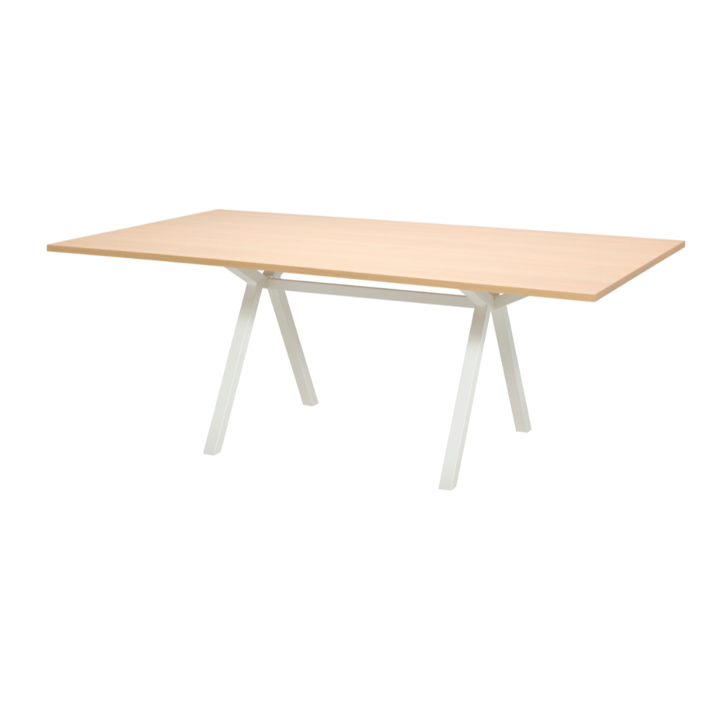 Een vergadertafel met witte poten en een houten blad, perfect voor moderne werkruimtes en multifunctioneel gebruik.
