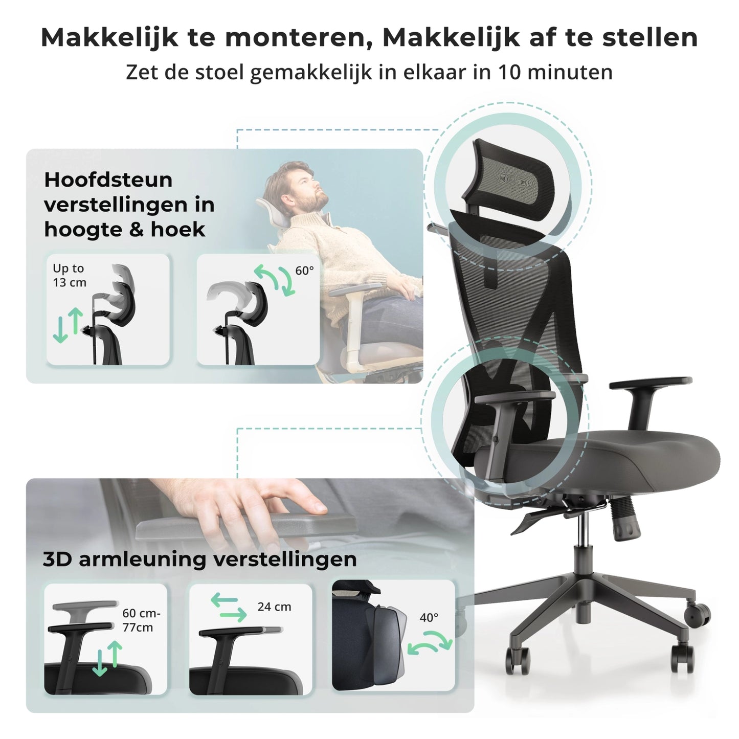 Een ergonomische bureaustoel met bijbehorende instructies voor gebruik en aanpassingen.
