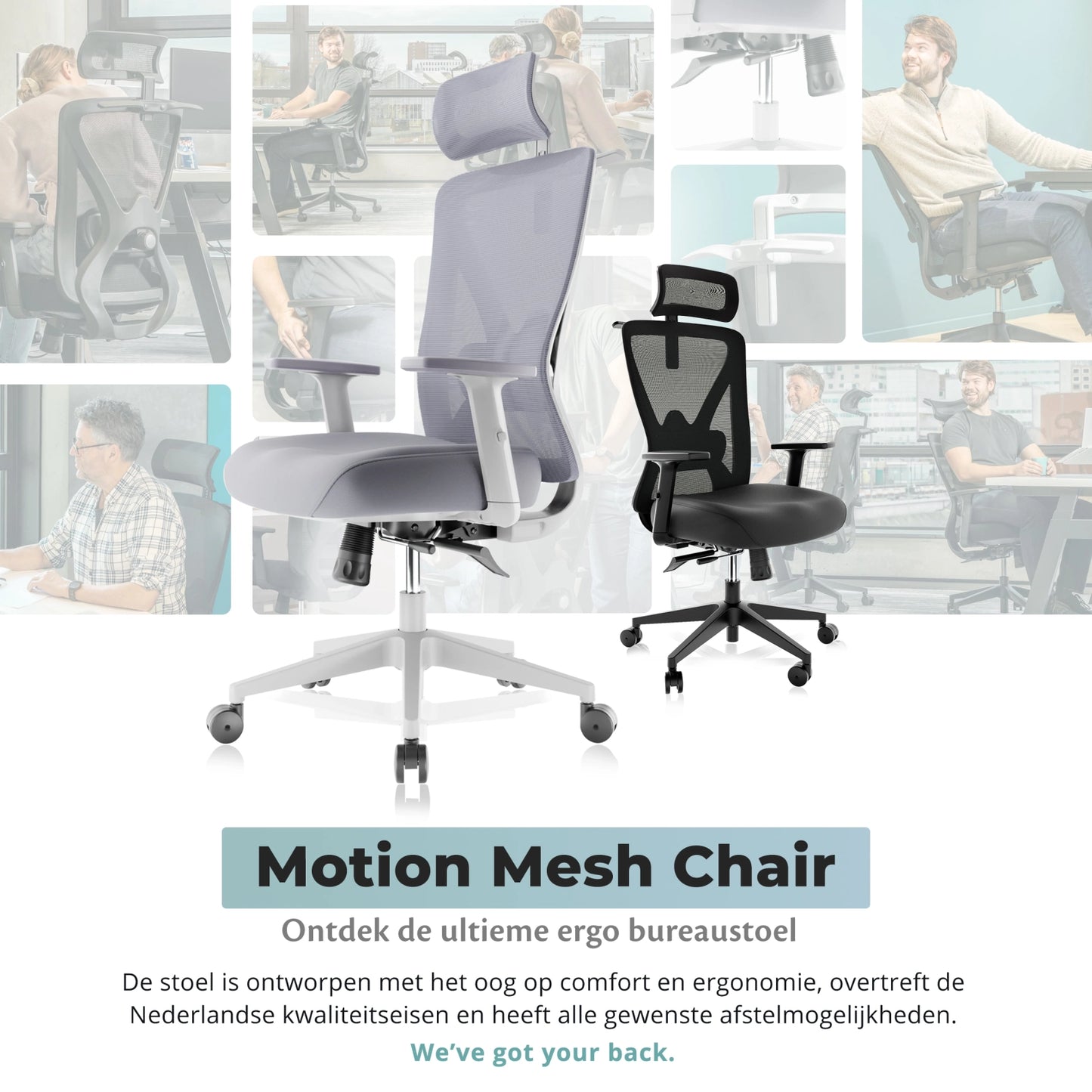 Motion mesh bureaustoel met ergonomisch ontwerp, perfect voor langdurig zitten en optimale rugondersteuning.