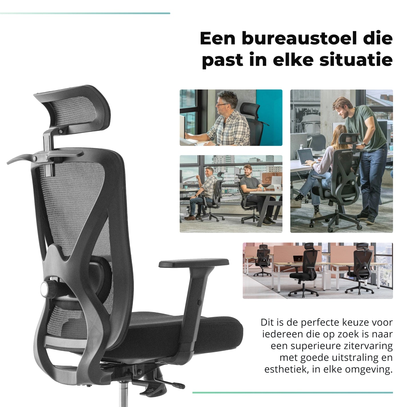 Comfortabele ergonomische bureaustoel met ademende stof en aanpasbare hoogte voor een betere werkervaring.||all-all