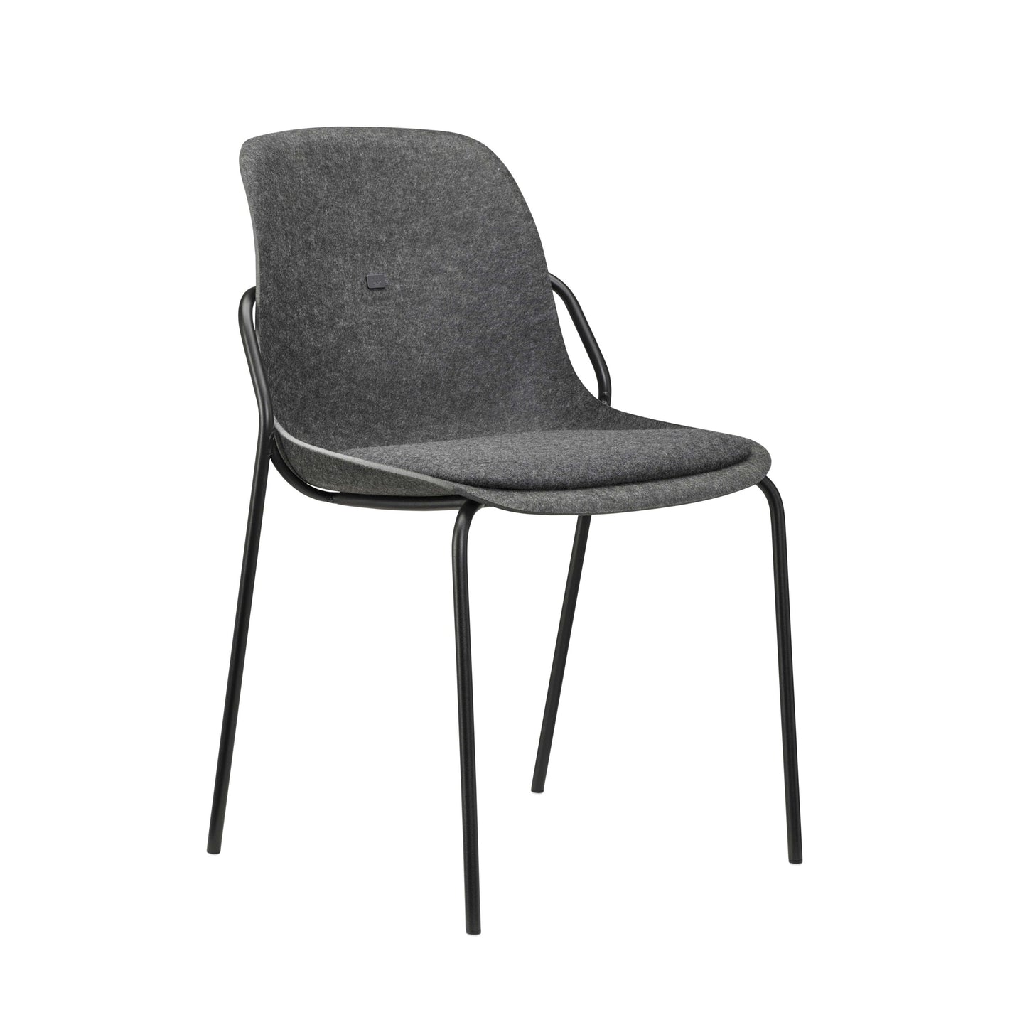 Grijze stoel met zwarte poten en zitting, stapelbaar en perfect voor een stijlvolle kantoorinrichting.