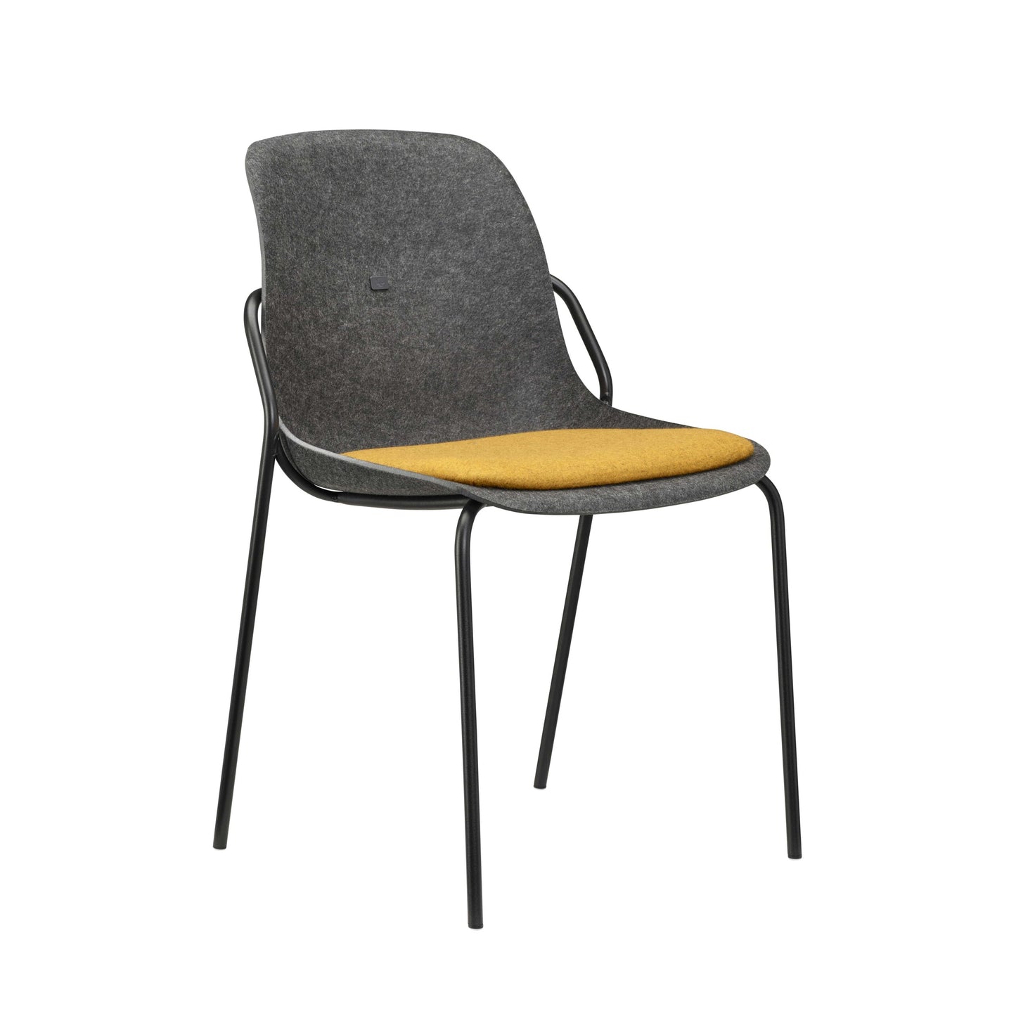 Grijze stoel met zwarte poten, stijlvol en praktisch, perfect voor elke kantoorruimte en gemakkelijk op te bergen.