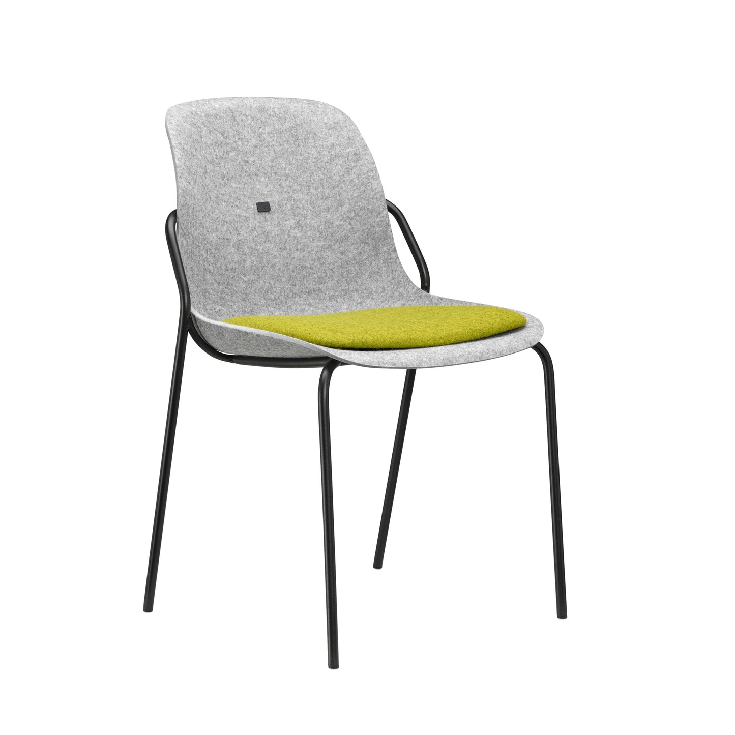 Elegante grijze en zwarte stoel met zwart frame, stapelbaar en perfect voor veelzijdig gebruik op kantoor.