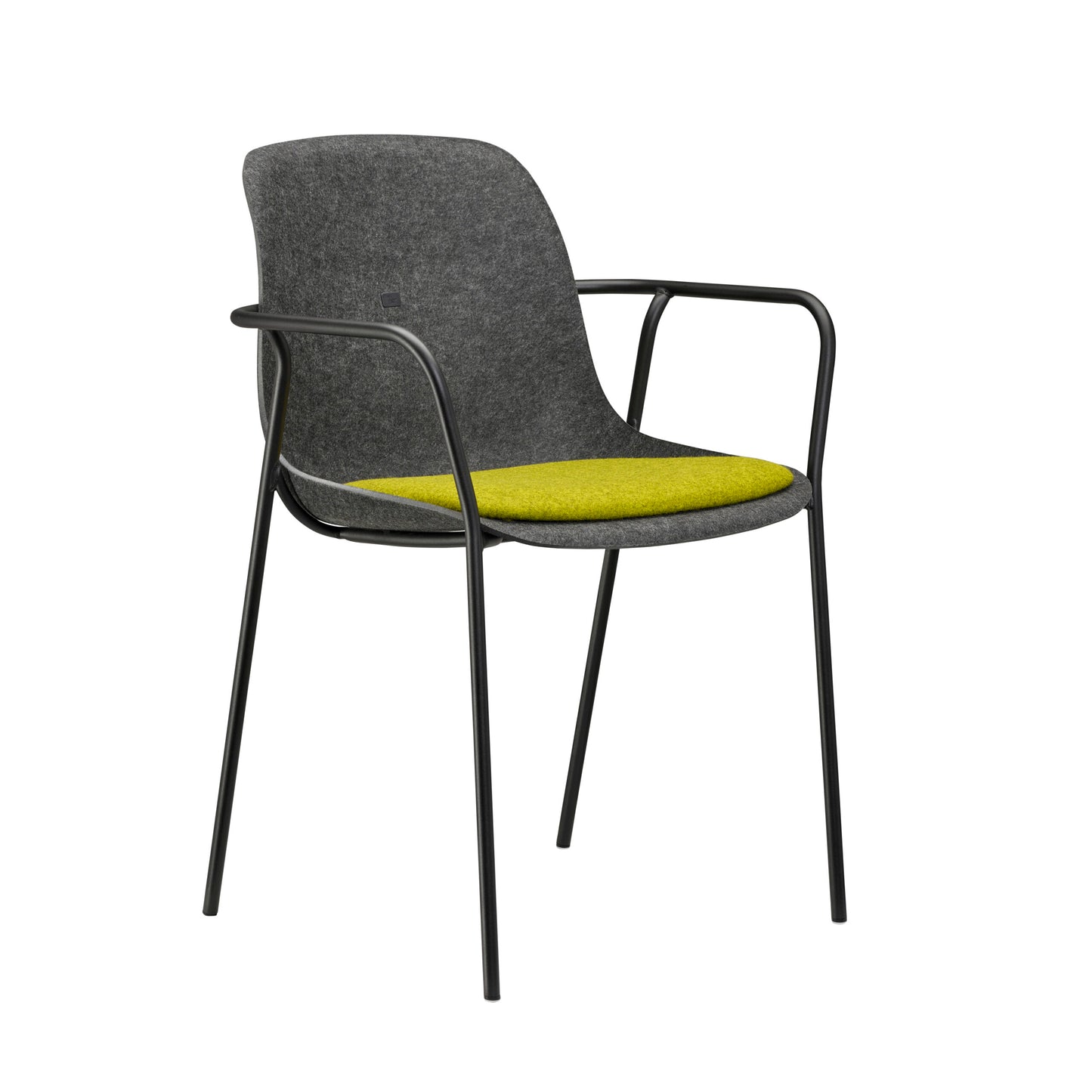 Stoere grijze stoel met zwarte accenten, stapelbaar en comfortabel voor elke kantoorruimte.