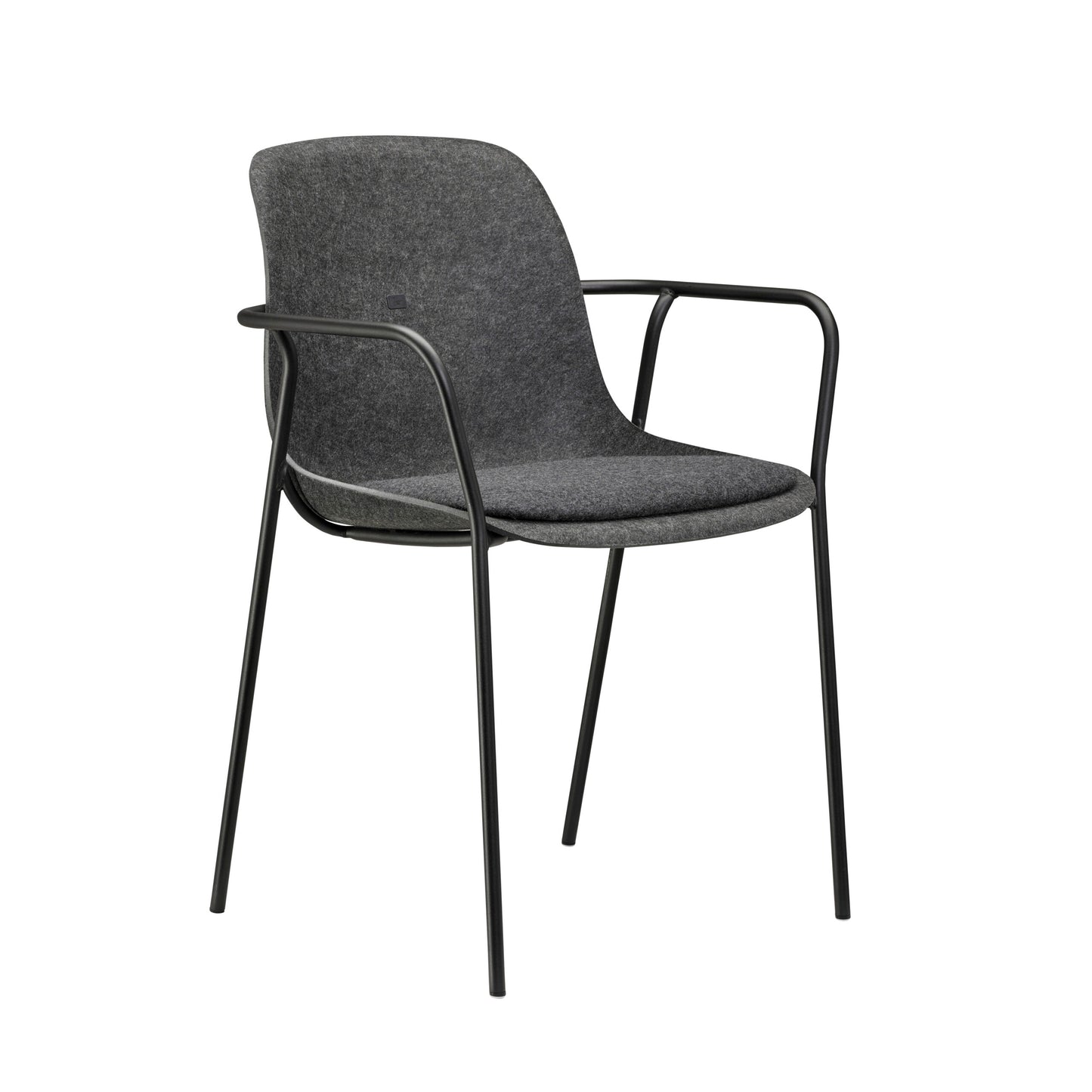 Grijze stoel met zwarte poten en armen, stapelbaar en perfect voor een stijlvolle kantooromgeving.