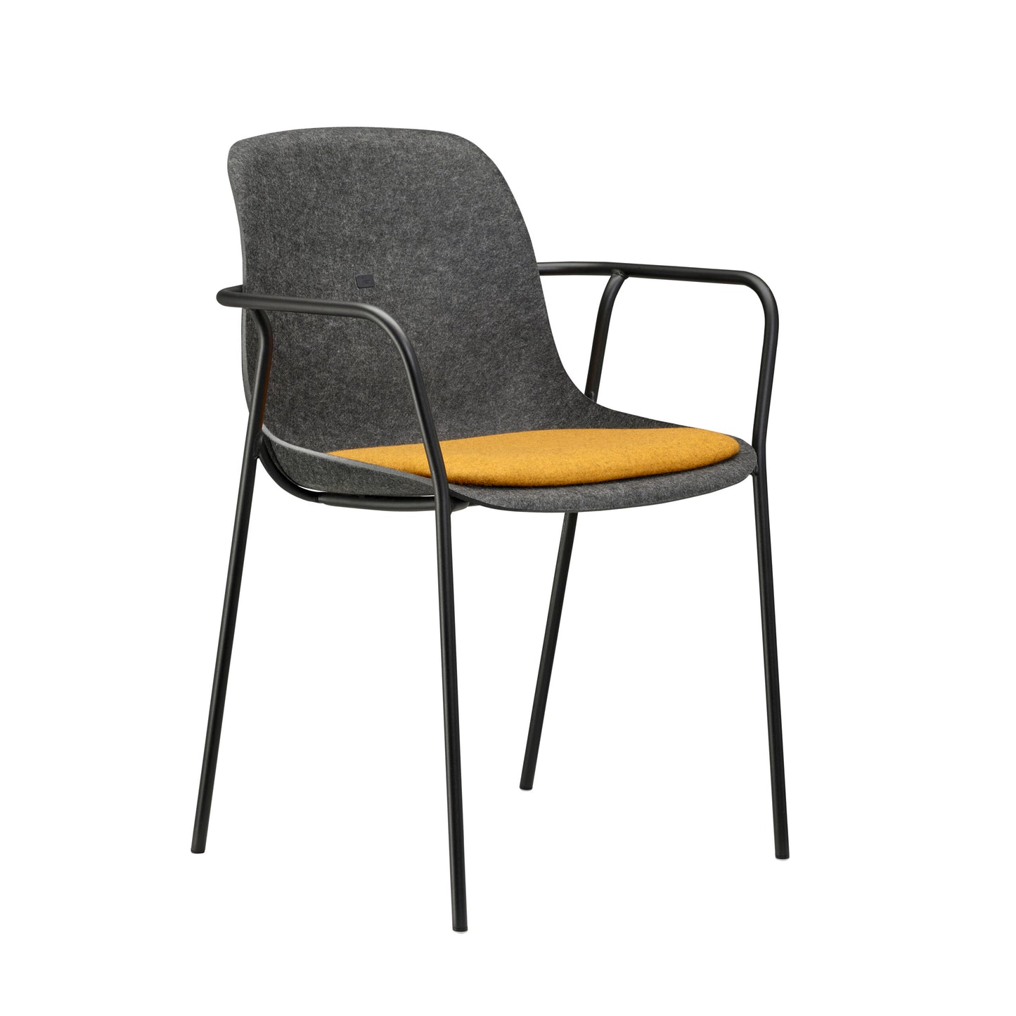 Strakke grijze stoel met zwarte poten en armleuningen, perfect voor een veelzijdige kantooropstelling.
