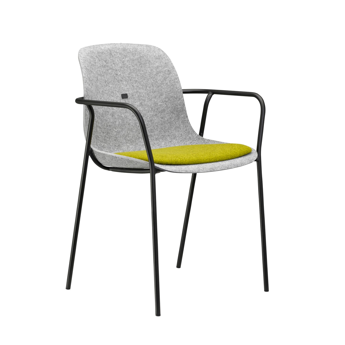 Een grijze en groene stoel met een zwart frame, perfect voor een stijlvolle en duurzame kantooromgeving.