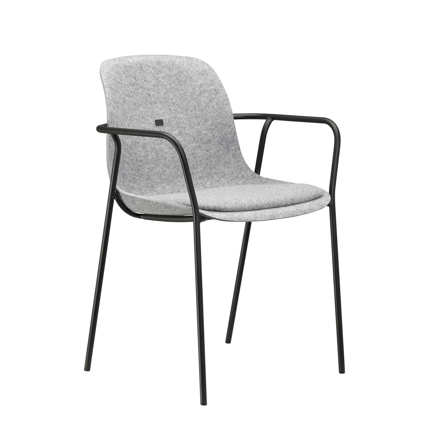 Elegante grijze stoel met zwarte poten, ideaal voor een moderne en functionele kantooromgeving.