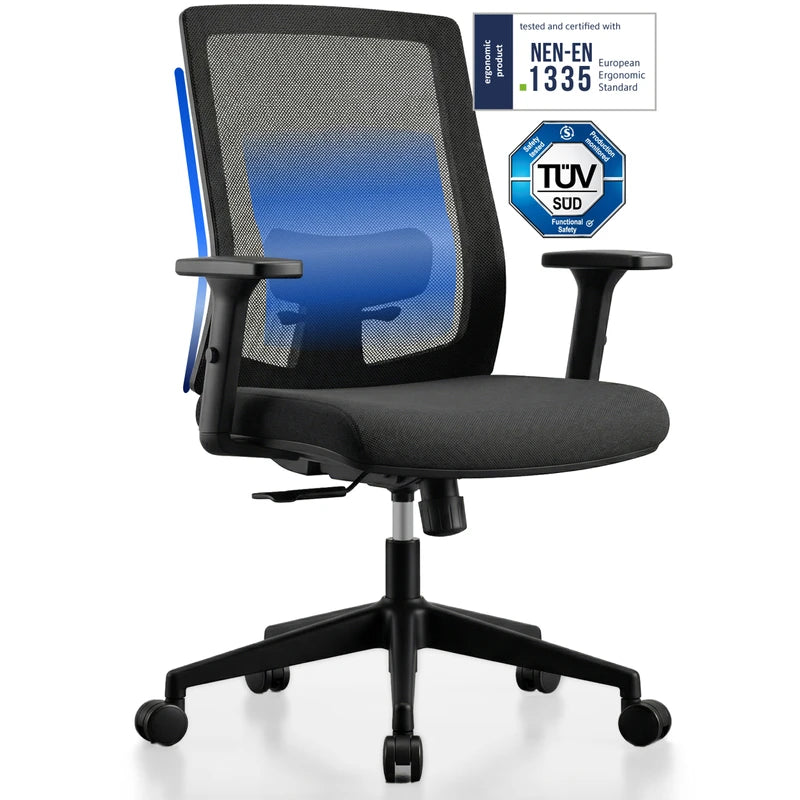 Backerz Low ergonomische bureaustoel met ademende mesh rugleuning, NEN-EN 1335 en TÜV SÜD gecertificeerd, met verstelbare lendensteun en comfortabel zitkussen.