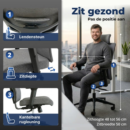 Backerz bureaustoel met verstelbare lendensteun, zitdiepte en kantelbare rugleuning voor een gezonde en comfortabele zithouding.