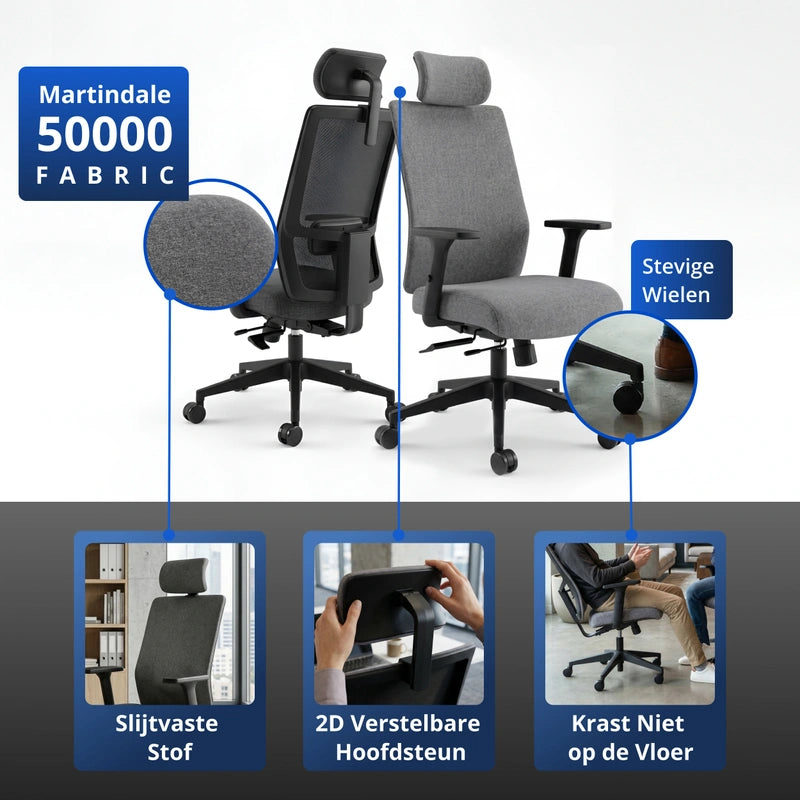 Backerz fabric bureaustoel met slijtvaste stof, 2D verstelbare hoofdsteun en stevige wielen die niet krassen op de vloer.