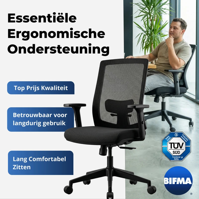 Backerz Low mesh bureaustoel met essentiële ergonomische ondersteuning, top prijs-kwaliteit en comfortabel zitten voor langdurig gebruik.