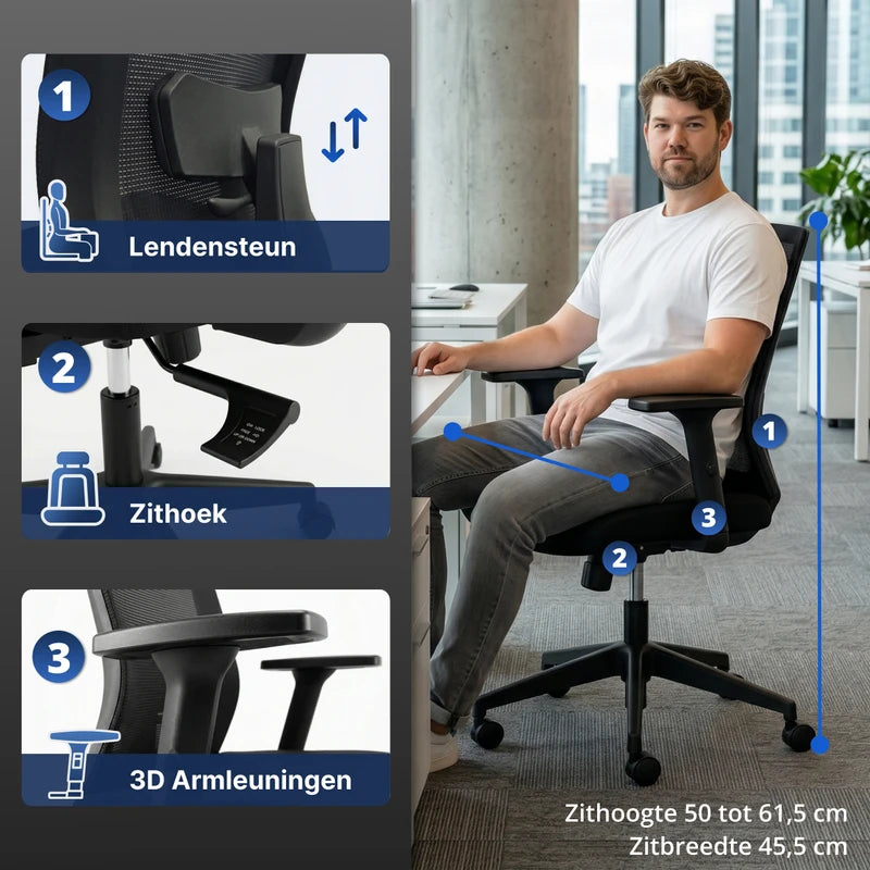 Backerz Low bureaustoel met verstelbare lendensteun, zithoek en 3D armleuningen voor een gezonde en comfortabele zithouding.