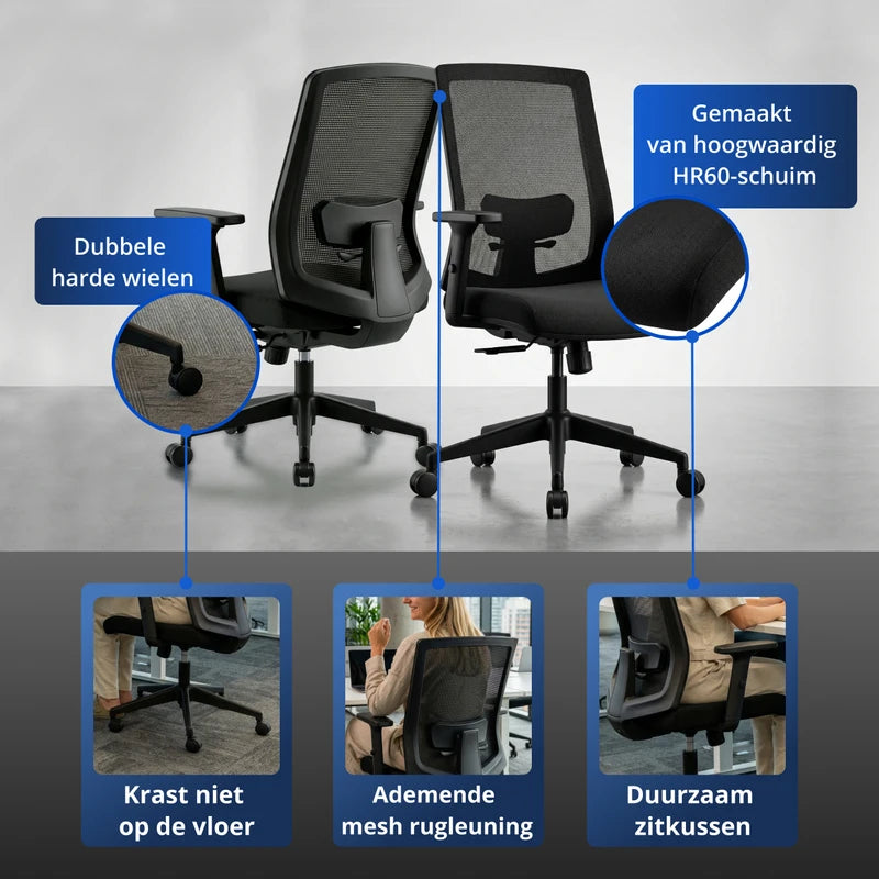 Backerz Low mesh bureaustoel met dubbele harde wielen, ademende mesh rugleuning, duurzaam zitkussen en HR60-schuim voor langdurig comfort.