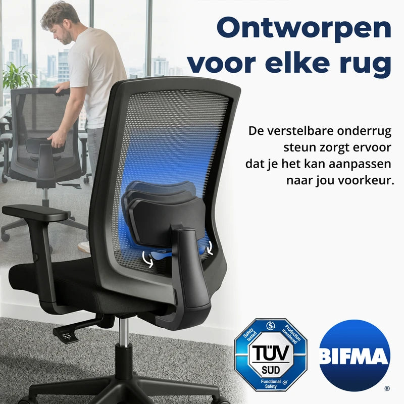 Backerz Low bureaustoel ontworpen voor elke rug, met verstelbare onderrugsteun voor persoonlijke ondersteuning en minder druk op de onderrug.