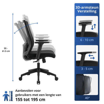 Backerz Low bureaustoel met 3D armsteun verstelling, verstelbare rughoek en aanbevolen voor gebruikers met een lengte van 155 tot 195 cm.
