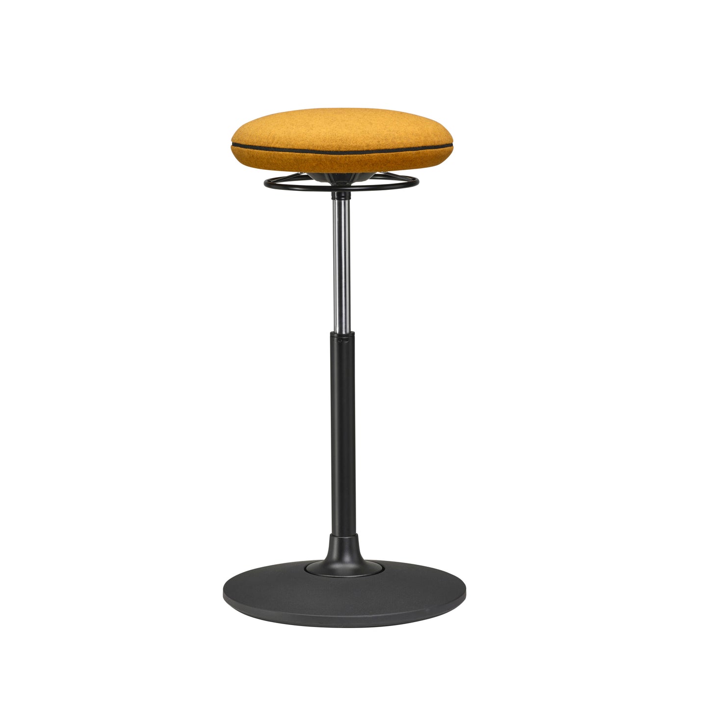 Lichtgewicht zit-sta kruk met een gele zitting en zwarte basis, perfect voor een actieve werkhouding.