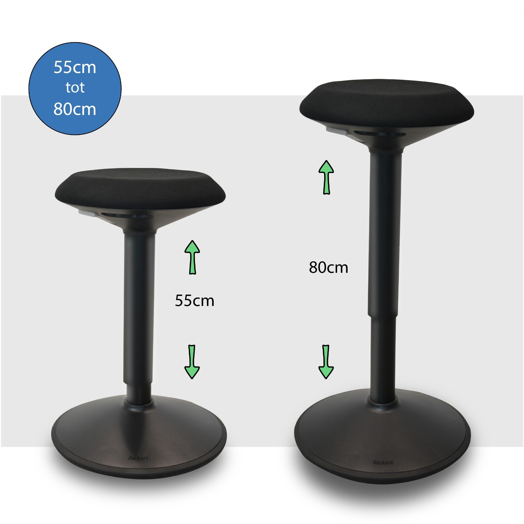 Deze zwarte wiebelkruk van Backerz is in hoogte verstelbaar van 55cm tot 80 cm en is daardoor geschikt voor het gebruik in combinatie met een zit sta bureau