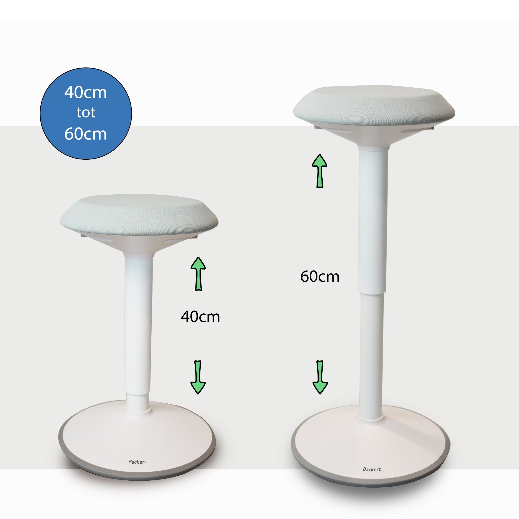 De witte wiebelkruk is verstelbaar in hoogte van 40 cm tot 60 cm.