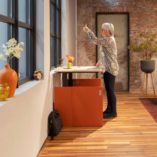 Vrouw in de HomeFit thuiswerkplek, staand voor een bureau met een computer.