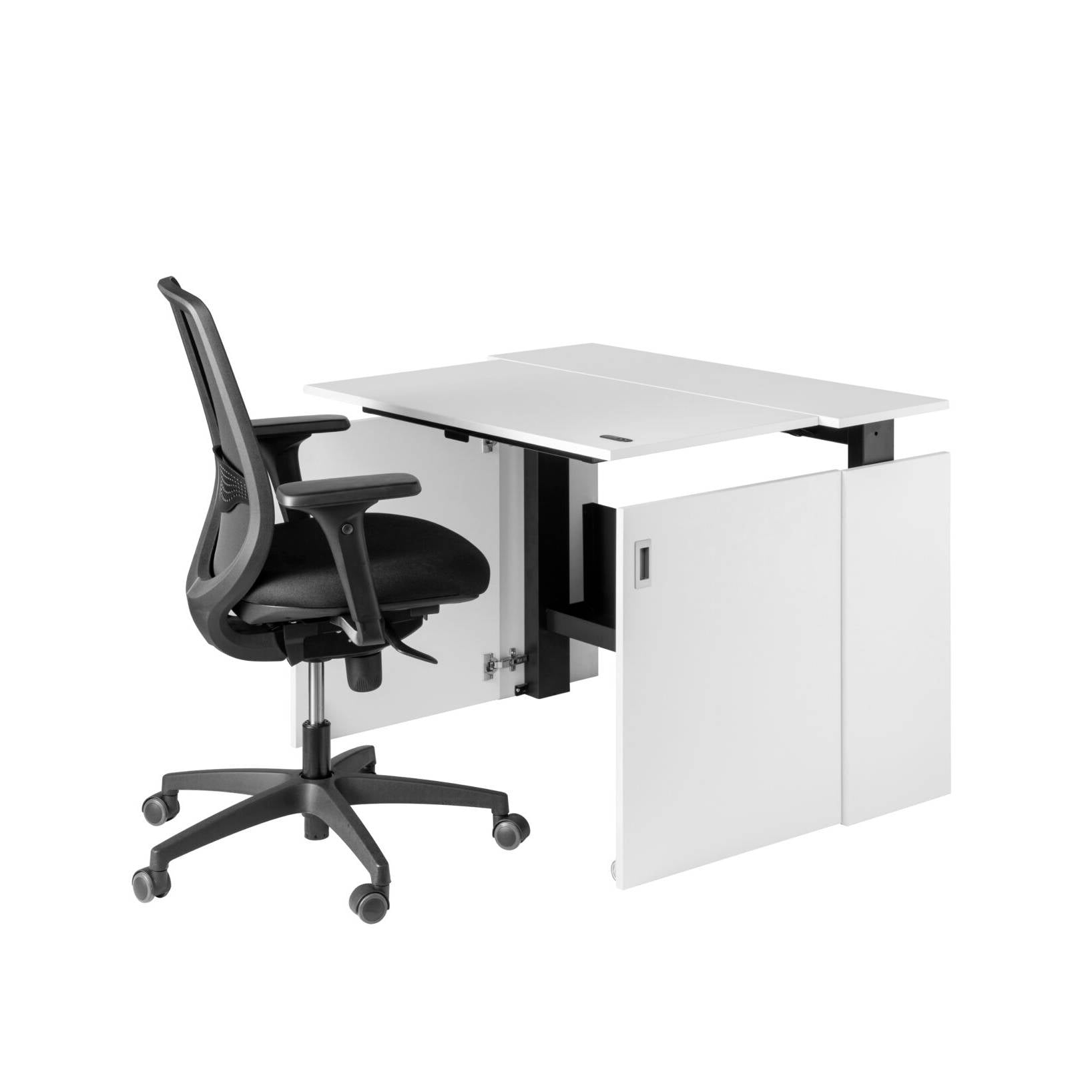 Een modern wit bureau met een plank, ideaal voor een gezonde thuiswerkplek met de HomeFit oplossing.