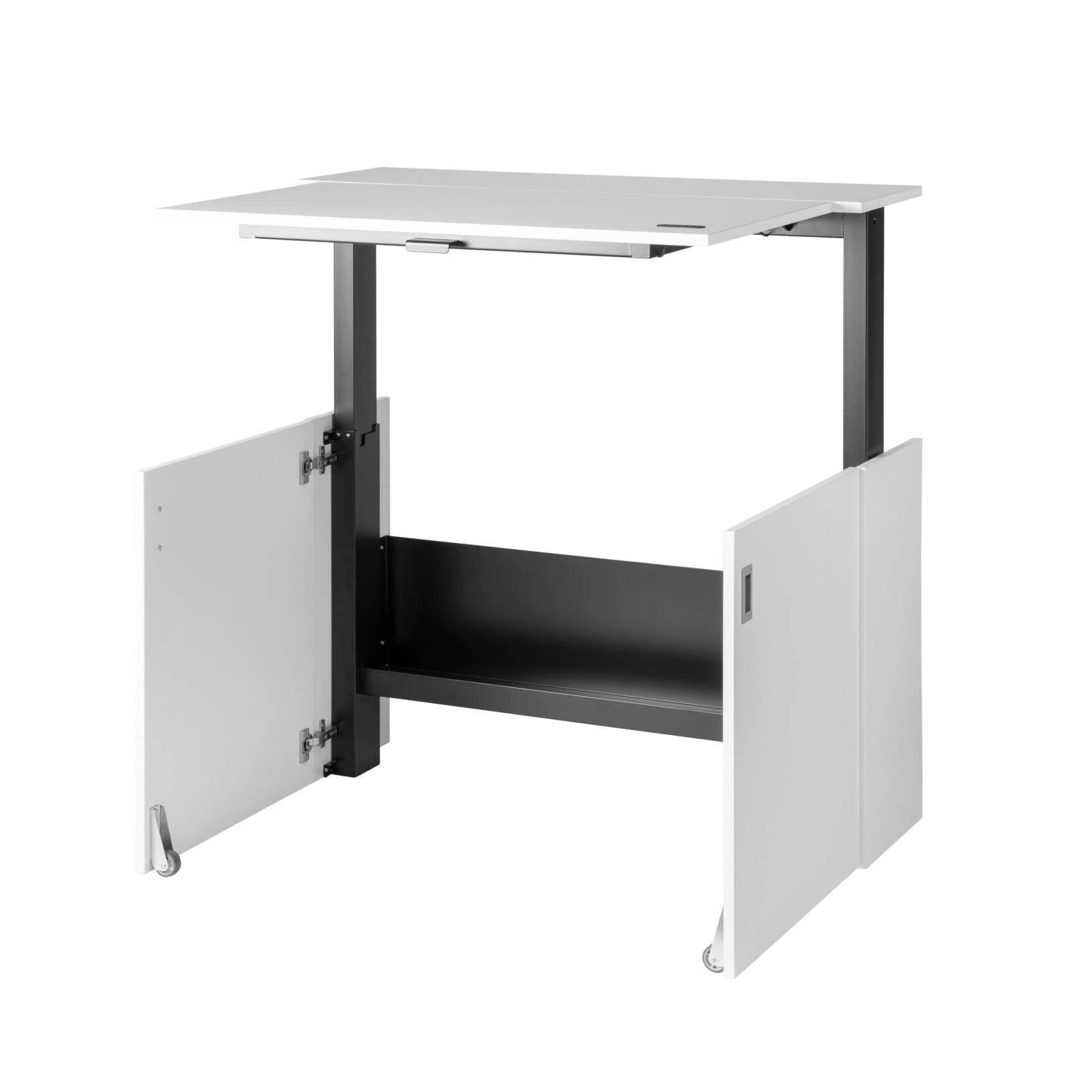 Een stijlvol wit bureau met een plank, ontworpen voor een ergonomische thuiswerkplek met HomeFit.