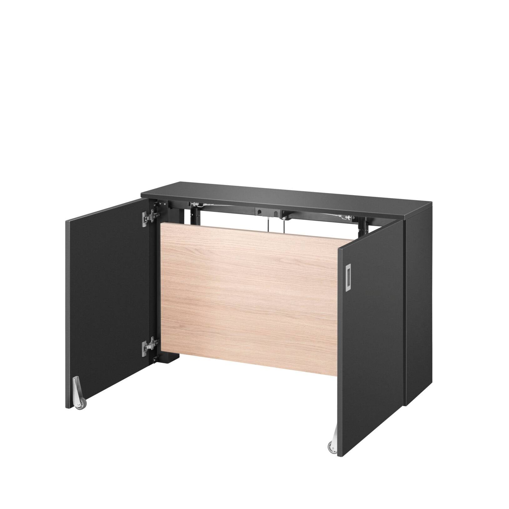 Zwart bureau met houten oppervlak en lade, perfect voor een efficiënte thuiswerkplek.