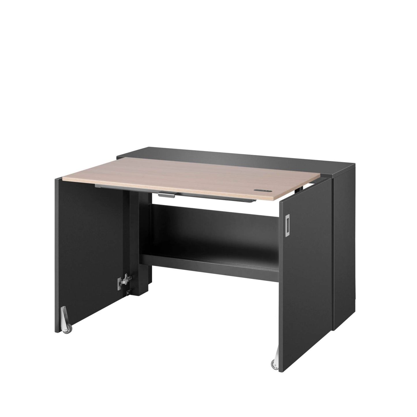 Ergonomisch zwart bureau met houten blad en lade, ideaal voor een flexibele werkplek thuis.